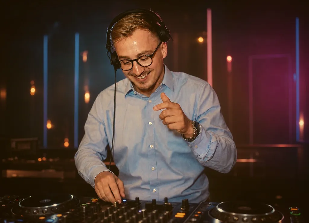 DJ Lars Krukenbaum im Club mit Lichtstrahlen DJ Lars Krukenbaum im Club mit Lichtstrahlen