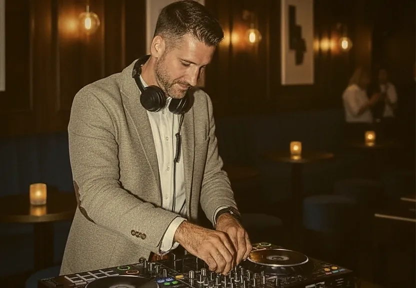 DJ Marcel Wagner schwarz-weiß am Pult DJ Marcel Wagner schwarz-weiß am Pult