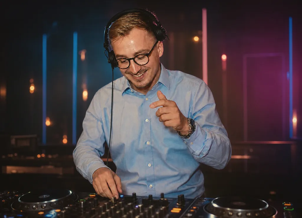 Lars Krukenbaum lachend mit Kopfhörern und Hand-Geste am Pult Lars Krukenbaum lachend mit Kopfhörern und Hand-Geste am Pult