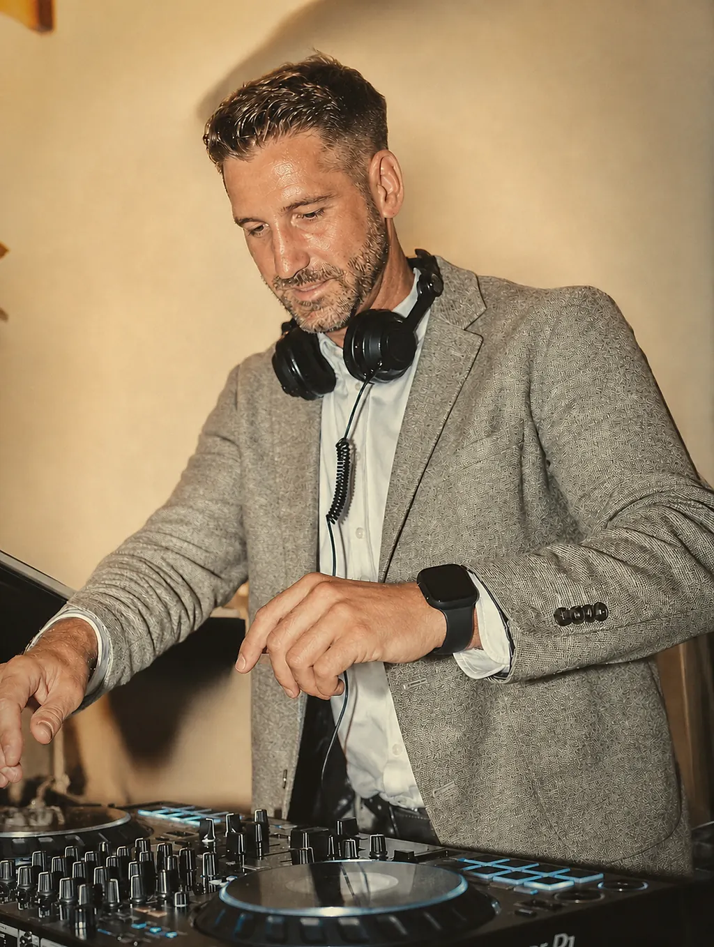 Marcel Wagner im grauen Blazer am Pioneer-Pult, Sand-Ton-Editorial Marcel Wagner im grauen Blazer am Pioneer-Pult, Sand-Ton-Editorial