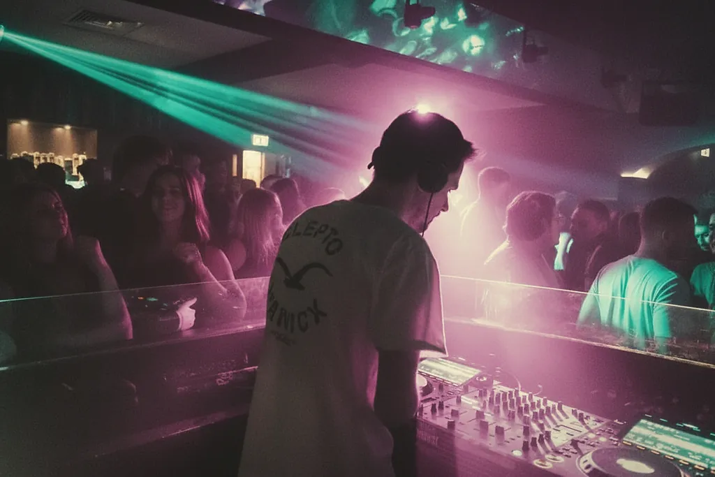 Max Didczilatis Back-View mit cyan und magenta Laser-Beams und Crowd Max Didczilatis Back-View mit cyan und magenta Laser-Beams und Crowd
