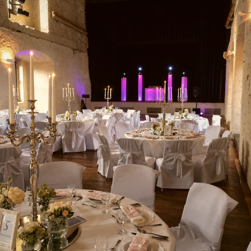 Festlich eingedeckter Saal in einer Ritterburg bei Münster Festlich eingedeckter Saal in einer Ritterburg bei Münster